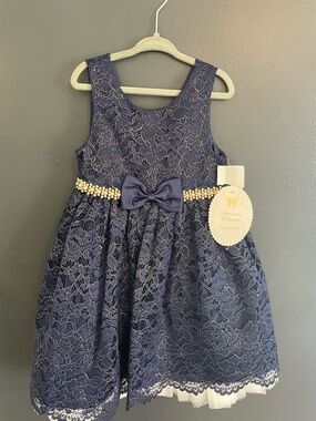 American Princess Navy Lace Dress with Pearl Belt and Bow
